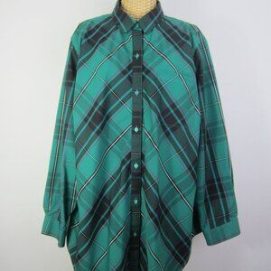 Coldwater Creek Women Plus 2X Teal Blue Green Black Plaid Cotton LS Shirt